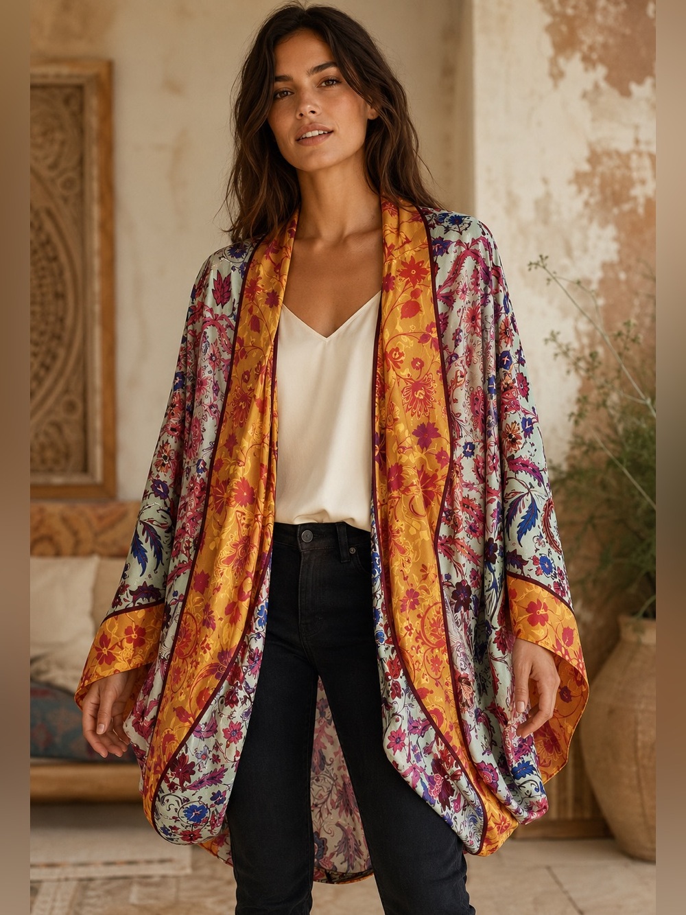 Anthropologie Mixed Print Floral Satin Kimono One Size